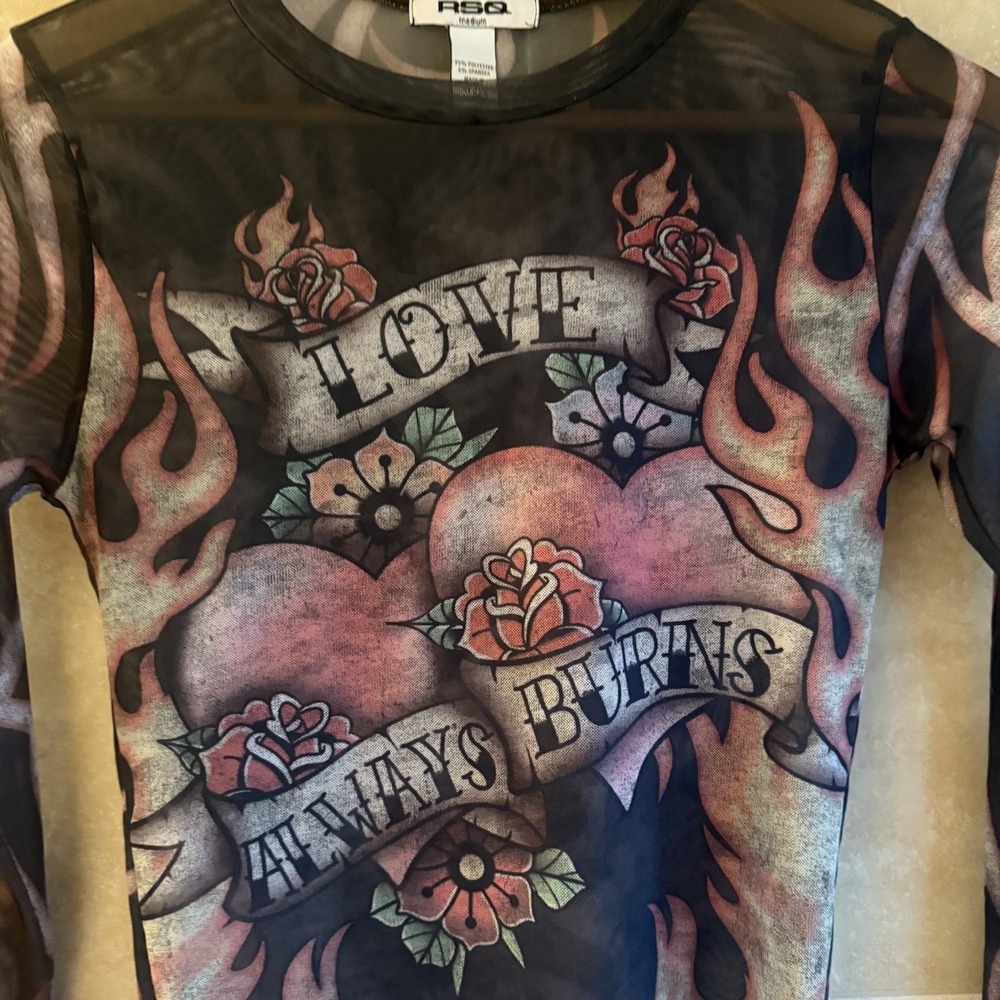 RSQ Black Tattoo Women Mesh Sheer Tee Top Love Always Burns Motorcycl Y2K Medium - Picture 8 of 11